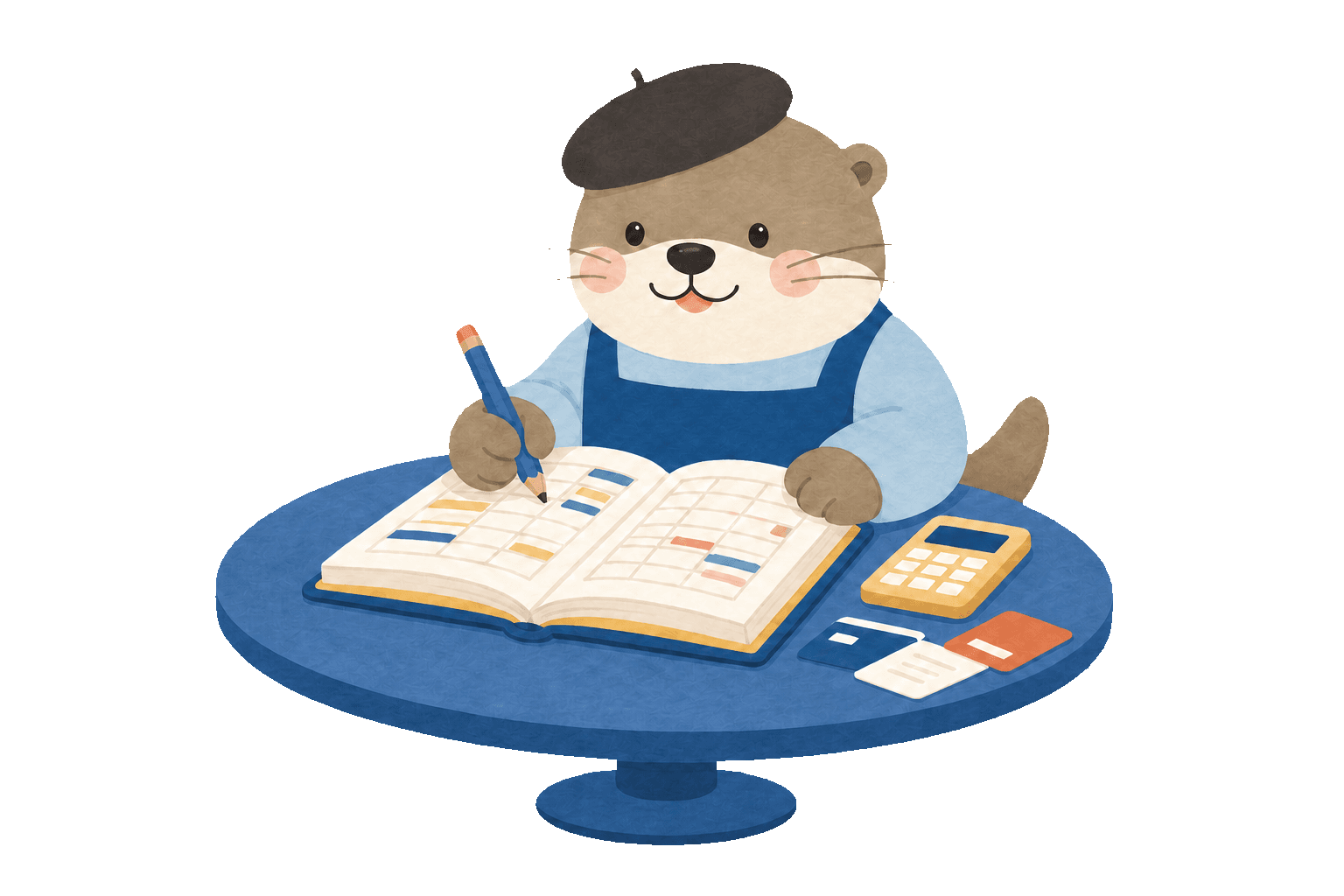 An otter in a beret recording in a ledger