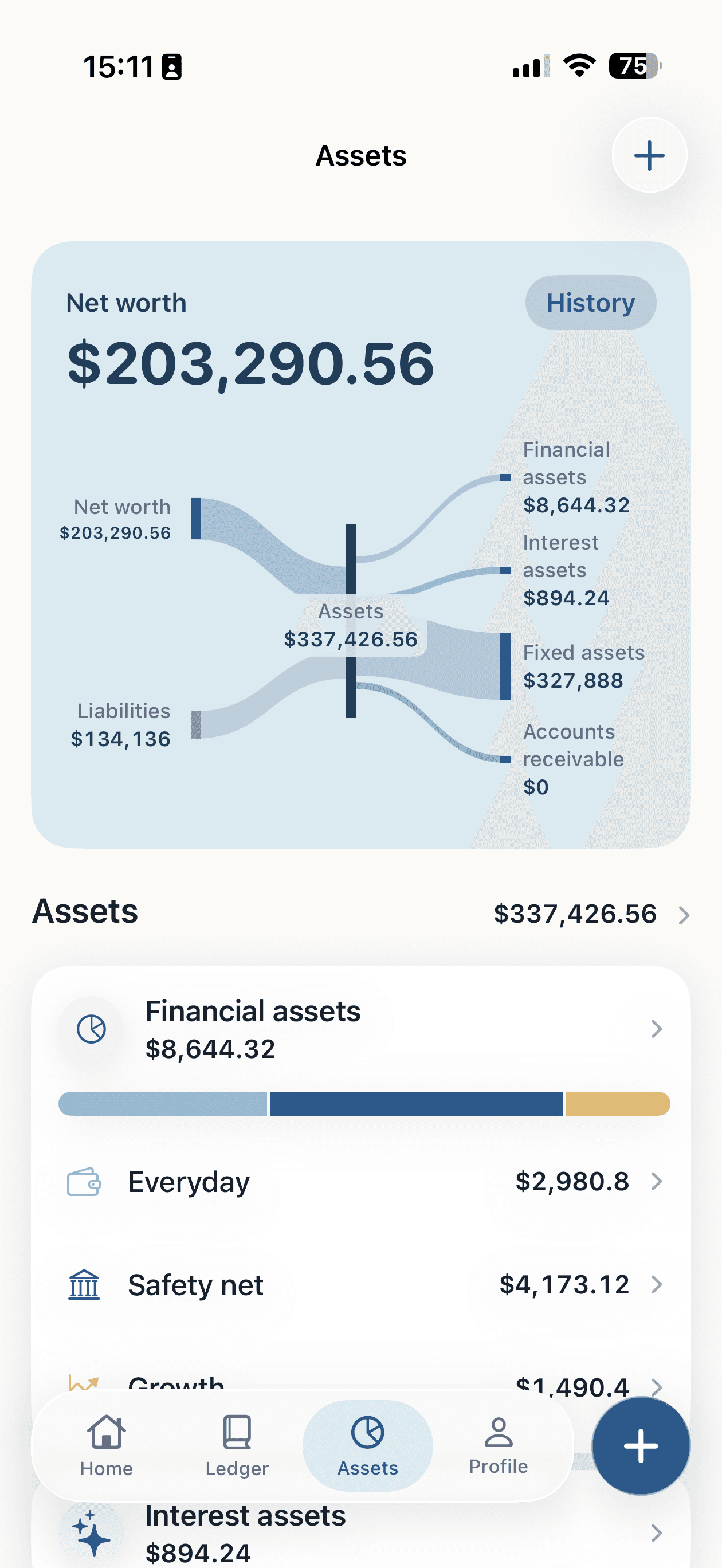 Anke Money assets screen showing net worth, asset categories and liabilities