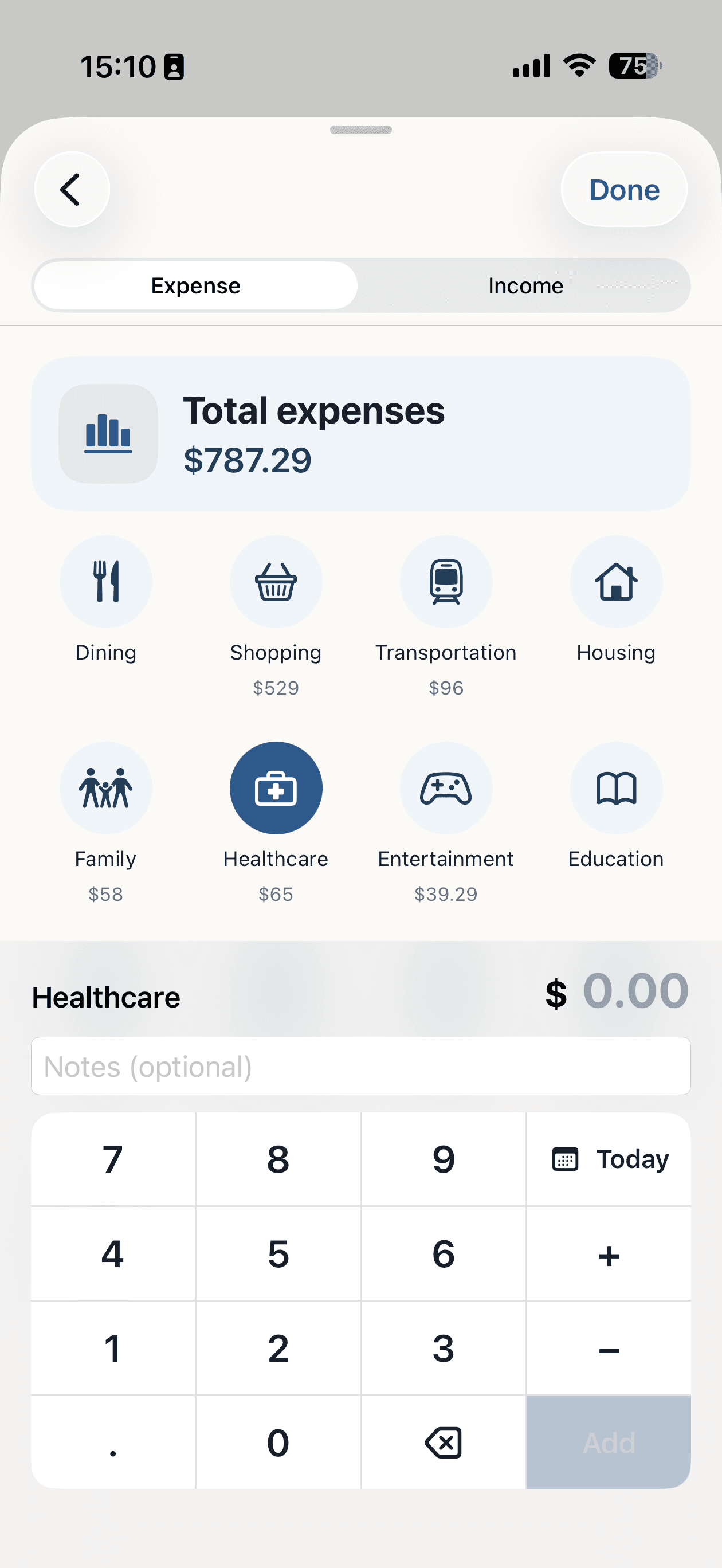 Entry screen with amount, payment channel, and category together