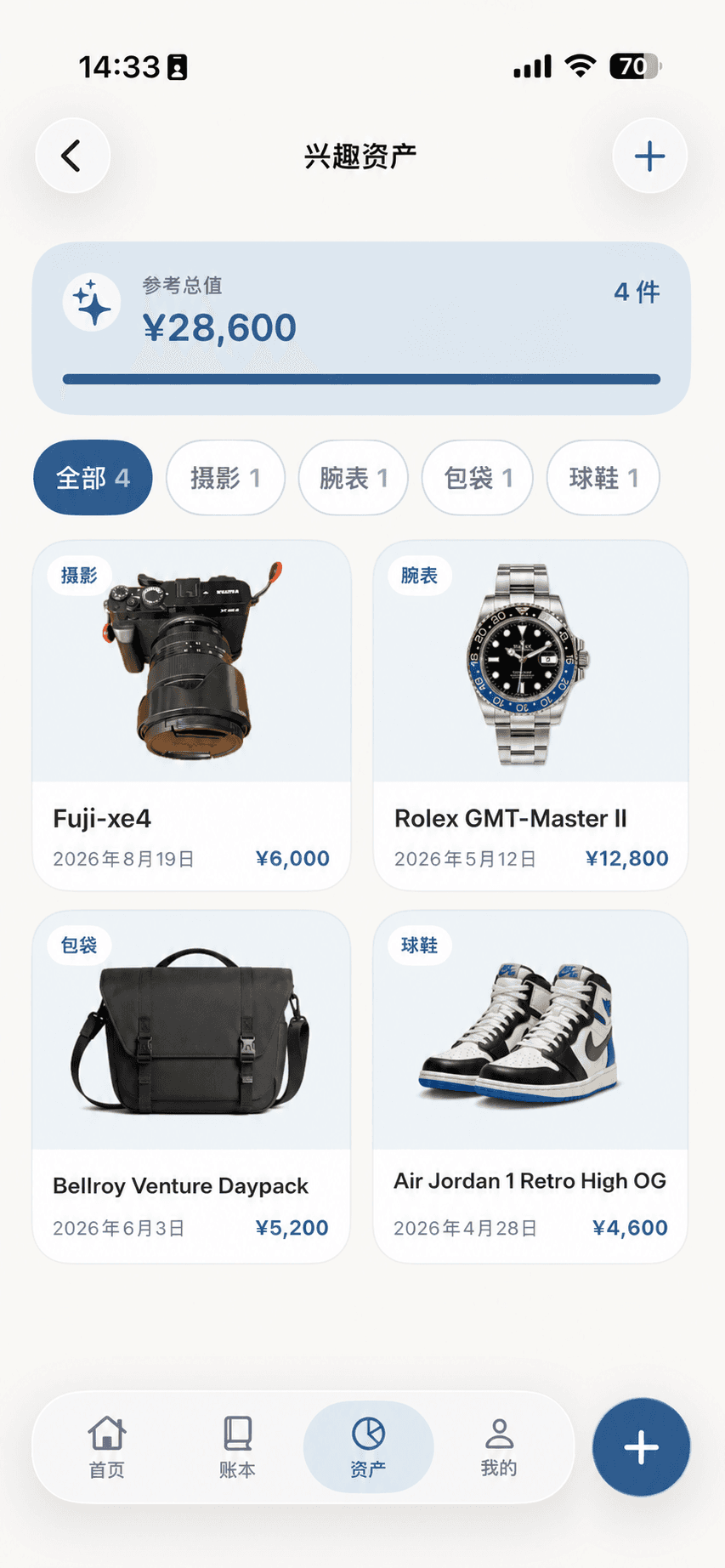 兴趣资产页面,展示摄影、腕表、包袋和球鞋四项资产