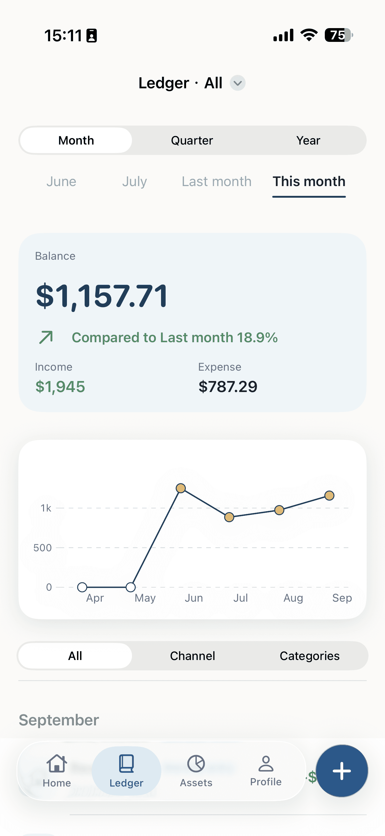 Ledger view showing income, expenses, and spending trends